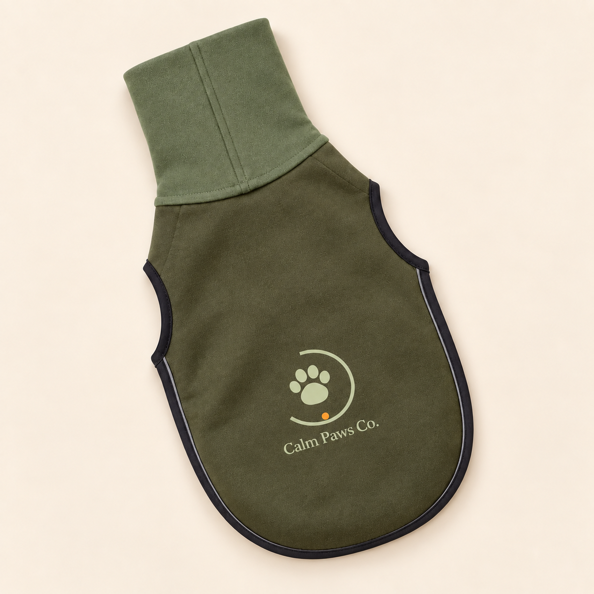 Small dog wearing the Calm Paws Co. Steady Wrap with snood pulled up over the ears