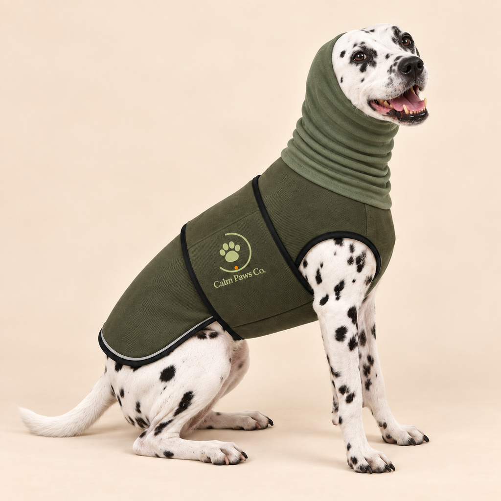 Calm Paws Co. Steady Wrap calming vest lifestyle photo with dog at home